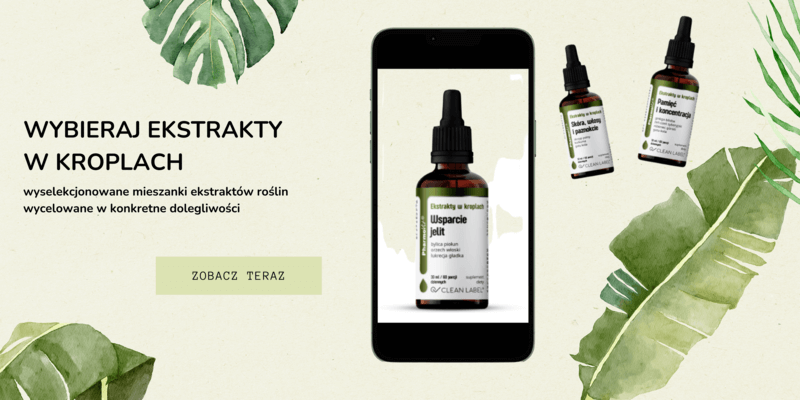 Na telefonie wyświetla się ekstrakt w kroplach z dodatkiem orzecha włoskiego, obok widać olejki na inne dolegliwości i przekierowanie do pełnej oferty online.