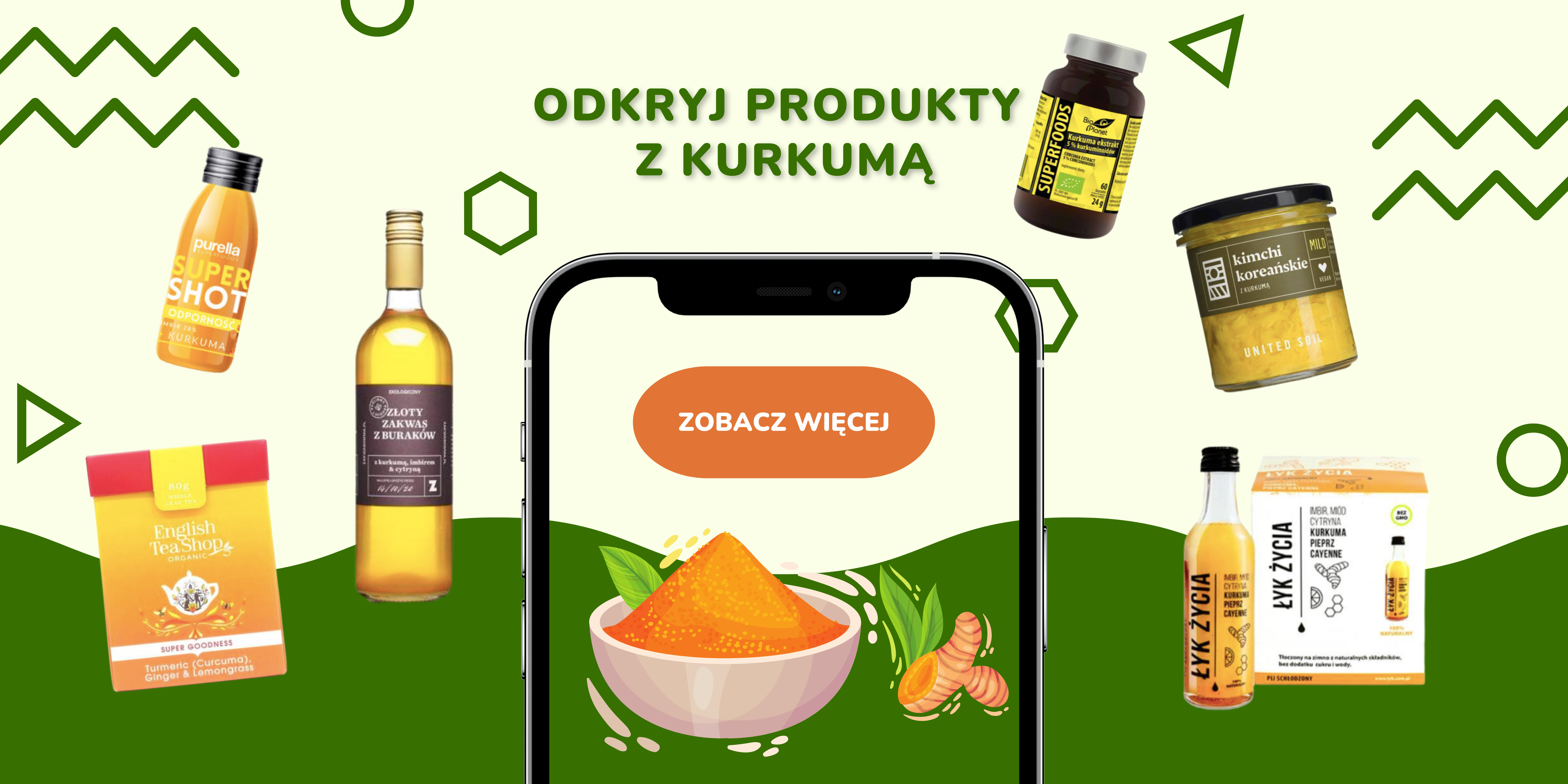 Na kolorowym tle widać kilka produktów z kurkumą – złoty zakwas, herbatkę, shoty witaminowe, kimchi czy kurkumę w tabletkach.