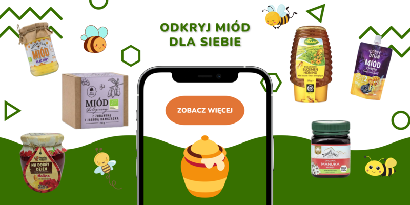 Na obrazku widać różne rodzaje miodów z zaproszeniem na podstronę z wszystkimi miodami.
