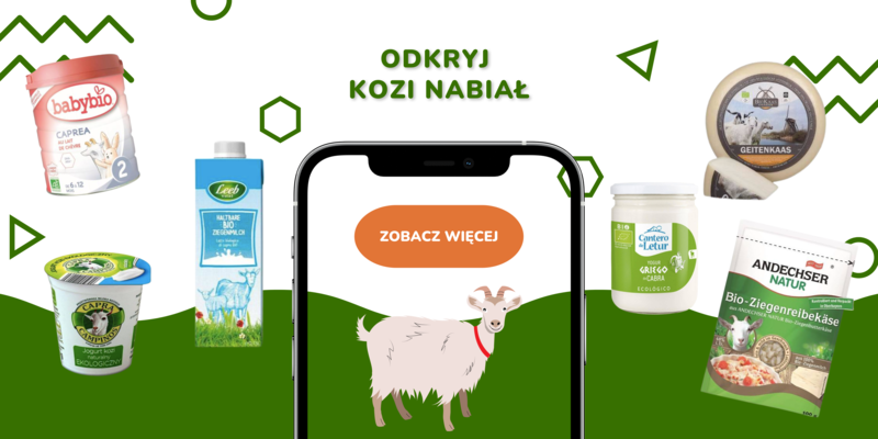 Na banerze widnieje dużo różnorodnych produktów z koziego mleka z zachętą, by zobaczyć więcej produktów z koziego nabiału.