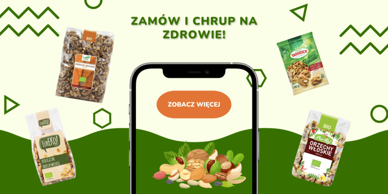 Wokół telefonu widać różne paczki orzeszków włoskich, w środku można przejść i zobaczyć całą ofertę w sklepie internetowym.