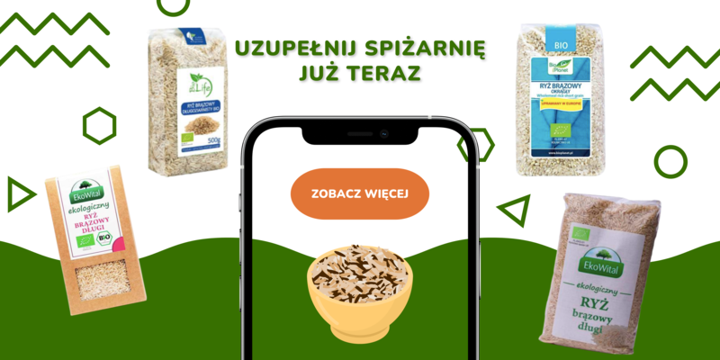 Na banerze prezentuje się kilka rodzajów brązowego ryżu różnych producentów.