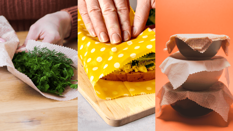 Trzy zdjęcia przedstawiają różne zastosowanie woskowijek - do pakowania warzyw i kanapek, by dłużej zachowały świeżość, oraz do przykrywania jedzenia w pojemnikach, by nie przejmowało innych zapachów w lodówce i dłużej było świeże i zdatne do spożycia. 