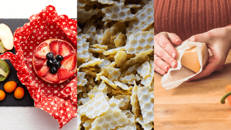 Obrazki przedstawiają pszczeli wosk, z którego zrobione zostały woskowijki służące do pakowania i owijania żywności.